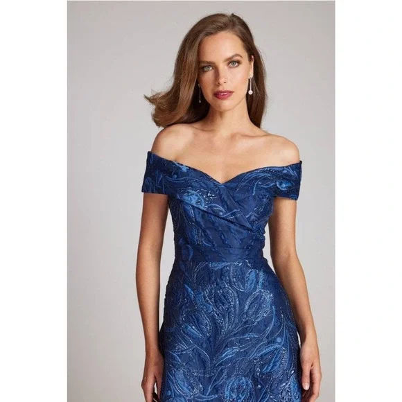 SOLD-Teri Jon Jacquard Off Shoulder Gown - Picture 2 of 11